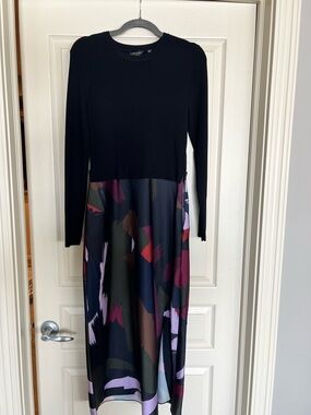 Ted Baker Black Knit Top Midi Dress with Multi Abstract Print Skirt